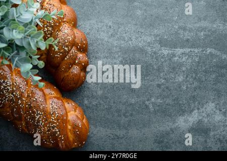 Homemade challah, traditional braided bread loaf with poppy and sesame seeds on a concrete background. space for text. top view Stock Photo