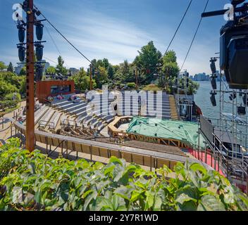 The Amph, performing arts amphitheater on the western edge of Little Island (Pier 55), artificial island built on concrete pilings in Hudson River. Stock Photo