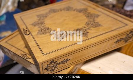 ready-made handmade furniture, boxes, chairs, chessboard, backgammon. High quality photo Stock Photo