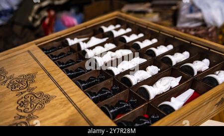 ready-made handmade furniture, boxes, chairs, chessboard, backgammon. High quality photo Stock Photo