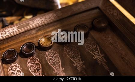 ready-made handmade furniture, boxes, chairs, chessboard, backgammon. High quality photo Stock Photo