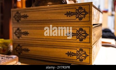 ready-made handmade furniture, boxes, chairs, chessboard, backgammon. High quality photo Stock Photo