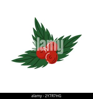 Green fir leaves with three red berries in flat style. Design for holiday and Christmas. Festive foliage can be used for seasonal decoration and Stock Vector