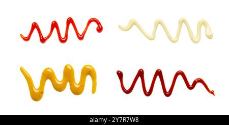 Lines of ketchup, mayonnaise, mustard, and barbecue sauce on white background. Stock Photo