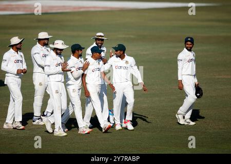 Bangladeshi spine bowler Taijul Islam celebrates his seven wickets Bangladesh and Pakistan first Test match day three at the Zahur Ahmed Chowdhury Sta Stock Photo