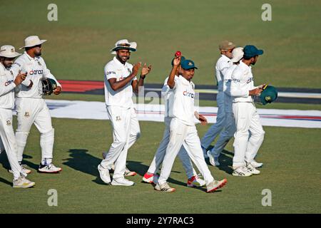 Bangladeshi spine bowler Taijul Islam celebrates his seven wickets Bangladesh and Pakistan first Test match day three at the Zahur Ahmed Chowdhury Sta Stock Photo