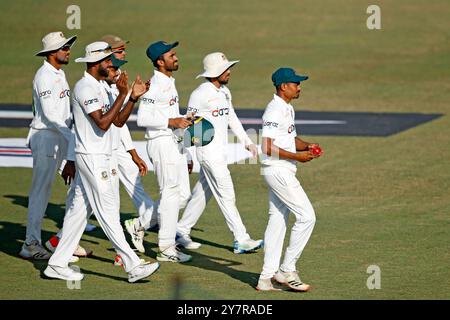 Bangladeshi spine bowler Taijul Islam celebrates his seven wickets Bangladesh and Pakistan first Test match day three at the Zahur Ahmed Chowdhury Sta Stock Photo