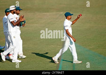 Bangladeshi spine bowler Taijul Islam celebrates his seven wickets Bangladesh and Pakistan first Test match day three at the Zahur Ahmed Chowdhury Sta Stock Photo