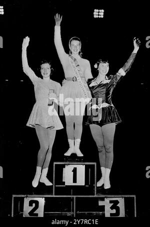 ERICA BATCHELOR GAINS THIRD PLACE AT FIGURE SKATING CHAMPIONSHIP 20.2.54. Britain's Erica Batchelor was beaten into a glorious third place by the new champion Gundi Busch of Germany, and Tenley Albright the American star, at the Women's World Amateur Figure Skating Championship at Oslo. Twenty other young ladies from eight other countries took part in the contest. I.N.P. Photo shows- The first three from left to right: Tenley Albright (U.S.A.) runner-up, Gundi Busch (Germany) winner, and Erica Batchelor (Britain) who took third place. 551/EM 74674. International News Photos. Stock Photo