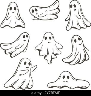 Ghosts hand drawn set clip art illustrations. Silhouette ghostly characters for Halloween. Funny nightmares doodle sketch style, vector graphics Stock Vector