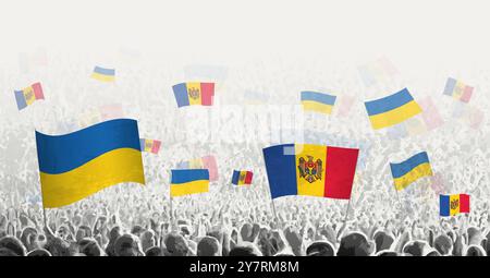 People waving flag of Moldova and Ukraine, symbolizing Moldova solidarity for Ukraine. Vector illustration. Stock Vector