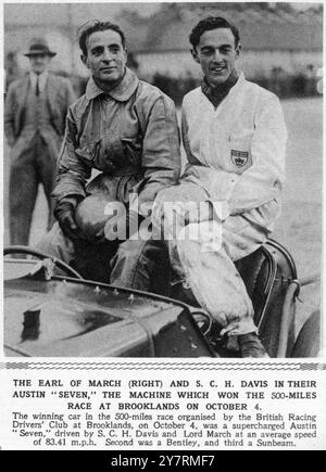 THE EARL OF MARCH (RIGHT) AND SAMMY DAVIS IN THEIR AUSTIN 'SEVEN', THE MACHINE WHICH WON THE 500 MILES RACE AT BROOKLANDS ON OCTOBER 4, 1930.The winning car in the 500 miles race organised by the Britihs Racing Drivers' Club at Brooklands, on October 4, 1930, was a supercharged Austin Seven driven by SCH Davis and Lord March at an average speed of 83.41 mph. Second was a Bentley, and third a Sunbeam. 11 October 1930 Stock Photo