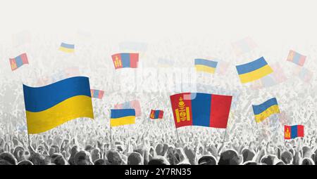 People waving flag of Mongolia and Ukraine, symbolizing Mongolia solidarity for Ukraine. Vector illustration. Stock Vector