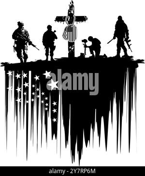 set of soldier silhouettes, grunge USA flag, Christian cross, USA dog tags Stock Vector