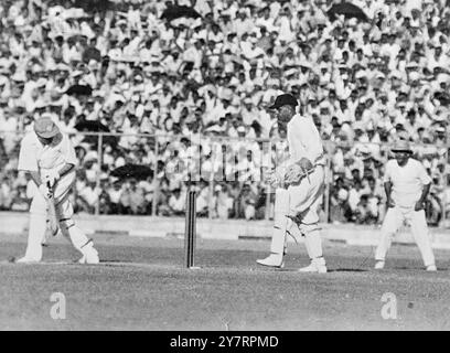 MR PANDIT NEHRU SCORES A RUN. - I7.9.53. - 20 - Mr Pandit Nehru, Prime Minister of India - captained acricket team drawn from members of the - House of the People against a team captained by - Sir Sarvepalli Radhakrishnan, Vice President of India, - drawn from members of the House of States. The march was - played in aid of charity for the relief fund for Flood Victims. - The match was played in New Delhi. - I.N.P. PHOTO SHOWS. - Mr Pandit Nehru scores a single off the - first ball he received he declared - when he had scored two. - 206.Special. H. INTERNATIONAL NEWS PHOTOS. - 7II5I. Stock Photo