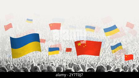 People waving flag of China and Ukraine, symbolizing China solidarity for Ukraine. Vector illustration. Stock Vector