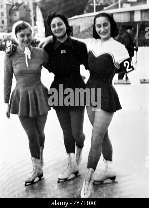 OLYMPIC FIGURE SKATING FAVOURITES. (PICTURE BY WIRE) 16.2.52. 30 I.N.P. PHOTO SHOWS: The favourites in the Ladies Figure Skating event at Oslo Winter Olympie Games Le to R. Erika Kraft, Jeanette Altwegg and Jacqueline du Bief. Jeanette Altwegg of Liverpool, the World Figure Skating Champion, was leading 25 competitors at the end of the first day, she finished with 486.8 pointes leading her nearest rival, Miss Tenley Albright (U.S.A.) by 19.6. Picture by J.Waldorf. gd/59764. INTE RNAT IONAL NEW S PHOTOS. REPRODUCTION FEE LONDON DAILIES & EVENINGS. ¬£6.6.0. PROVINCIALS. ¬£3.15.7. Stock Photo