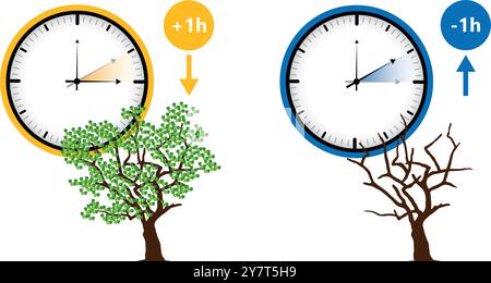 summer time and winter time concept with clock and tree vector illustration EPS10 Stock Vector