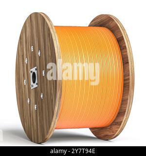 Wooden  reel with orange fiber cable on white background 3d Stock Photo