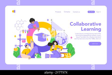 Collaborative learning concept. Students engaging in group study with educational icons and digital tablet. Interactive education and teamwork. Vector illustration. Stock Vector