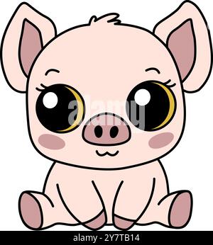 Zodiac Chinese pig animal of New Year sign icon. Asian kawaii cute style isolated illustration of mascot piggy. Adorable pink piglet with big eyes sit Stock Vector