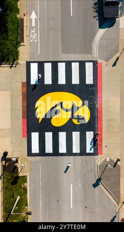 Aerial photograph of a painted crosswalk featuring the University of Iowa's mascot, Herkey; University of Iowa, Iowa City, Iowa, USA. Stock Photo