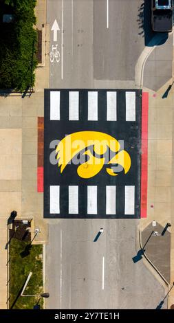 Aerial photograph of a painted crosswalk featuring the University of Iowa's mascot, Herkey; University of Iowa, Iowa City, Iowa, USA. Stock Photo