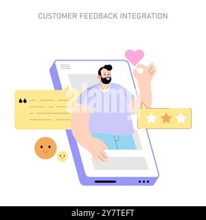 Customer Feedback Integration concept. A digital representation of client satisfaction with reviews and ratings. Engaging user experience on a mobile interface. Vector illustration. Stock Vector