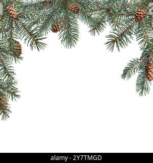 Square frame made of conifer branches with cones. Frame isolated on white background, copy space. Overlay background. Stock Photo