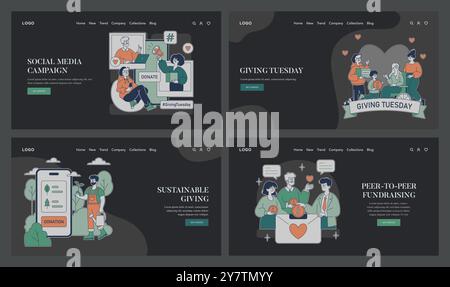 Giving Tuesday set. People engaging in charity events and supporting online donations. Social giving, community help efforts. Vector illustration. Stock Vector
