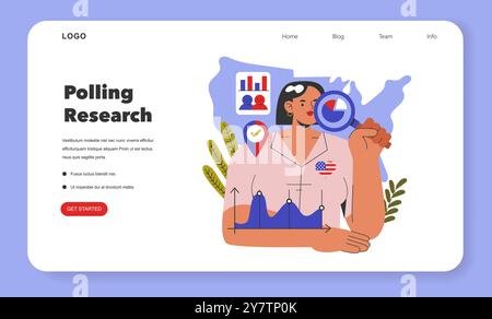 Election race concept. An illustration showing a person conducting polling research with charts and US map. Voting trend analysis and public opinion tracking. Vector illustration. Stock Vector