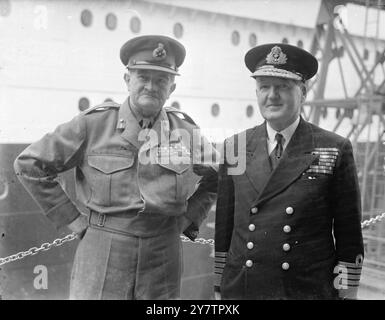 SERVICE CHIEFS LEAVE FOR WASHINGTON - ATLANTIC TREATY MEETING THIS MONTH.Field Marshal Sir William Slim , Chief of the Imperial General Staff and Admiral of the Fleet, the Right Honourable Lord Fraser of North Cape, photographed before leaving here on the liner Queen Elizabeth for the United States. They are to attend the Atlantic Treaty Military Committee which opens in Washington on 24 October 1950. 17 October 1950 Stock Photo