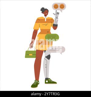 Diversity Businesswoman concept. Confident Afro-textured businesswoman with a prosthetic arm representing inclusivity at work. Bold, professional, optimistic. Vector illustration. Stock Vector