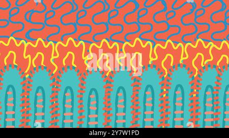 Abstract geometric background in bright Memphis style with wavy and fiery lines, vibrant patterns and shapes, creative textures. Playful design, retro Stock Vector