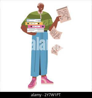 Young businessman concept. Overloaded with paperwork, a male entrepreneur manages tasks. Balancing workload, multitasking. Vector illustration. Stock Vector