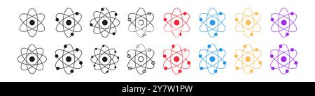 Set of atom icons with colored versions, black silhouettes, black outlined atoms with orbiting electrons, isolated on white background. Concept of sci Stock Vector