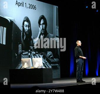 San Francisco,  CA  Apple Computer Inc. CEO Steve Jobs, during his keynote address at Macworld Expo 2006, where he talks about Apple Computer becoming 30 years-old in April of 2006. Jobs also introduced a desktop and laptop computers based on new two-brained chips from Intel Corp the world's largest semiconductor company on Tuesday, January 10, 2006. Jobs and Apple co-founder Steve Wozniak on the screen. Stock Photo