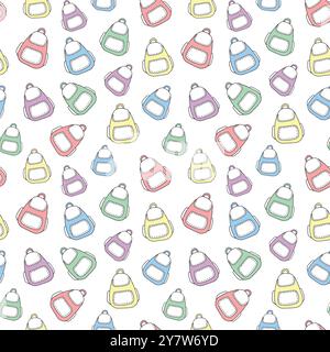 Seamless pattern with colorful backpacks isolated on white background. Concept of school accessories, student gear, travel, and tourism. Modern design Stock Vector