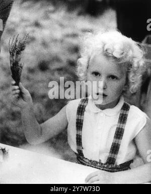 Princess Anne as sales girlPrincess Anne helped at one of the stalls at the sale of work organised by her grandmother , Queen Elizabeth the Queen Mother in the grounds of Abergeldie Castle , near Balmoral , Scotland.  She is here seen selling sprigs of heather Photographed by Stuart Heydinger 20 August 1955 Stock Photo