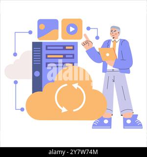 Cloud Computing concept. A businessman manages data transfer between server and cloud services. Seamless workflow, digital storage solution. Vector illustration. Stock Vector