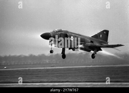 A close-up view in flight of the RAF's new Phantom jet, from the Royal Air Force station, at Coningsby, Lincs, today. The Phantoms will form part of the first RAF Phantom Squadron to be formed in May this year. It will be No 6 Squadron, RAF Air Support Command, equipped with the Phantom FGR Mk 2. Housed in wells under the fuselage, are the Sparrow Missiles, used primarily in the strike or reconnaissance role. Thje FGR 2 Phantom, can fly at nearly the speed of sound. Over100 have been ordered by the RAF.14 Janaury 1969 Stock Photo