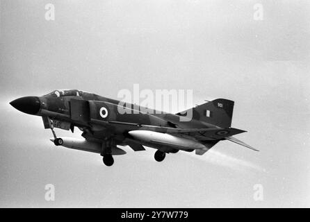 A close-up view in flight of the RAF's new Phantom jet, from the Royal Air Force station, at Coningsby, Lincs, today. The Phantoms will form part of the first RAF Phantom Squadron to be formed in May this year. It will be No 6 Squadron, RAF Air Support Command, equipped with the Phantom FGR Mk 2. Housed in wells under the fuselage, are the Sparrow Missiles, used primarily in the strike or reconnaissance role. Thje FGR 2 Phantom, can fly at nearly the speed of sound. Over100 have been ordered by the RAF.14 Janaury 1969 Stock Photo