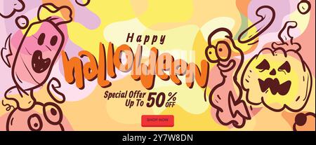 happy halloween banner concept. abstract geometric liquid form. monster halloween with hand drawn banner template vector illustration. Stock Vector
