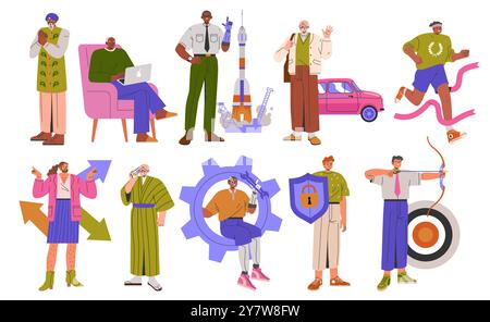 Diversity Businessman Set. A range of diverse male characters in various professions and activities. Career diversity and lifestyle representation. Vector illustration. Stock Vector