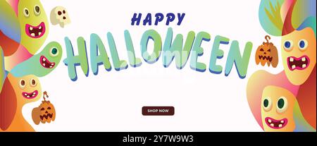 happy halloween banner concept. abstract geometric liquid form. monster halloween with hand drawn banner template vector illustration. Stock Vector