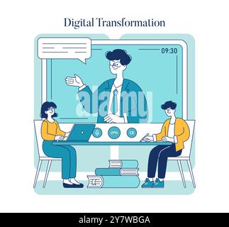 Digital transformation concept. Teacher leading a virtual class for students using laptops. Modern online education and e-learning methods. Vector illustration. Stock Vector
