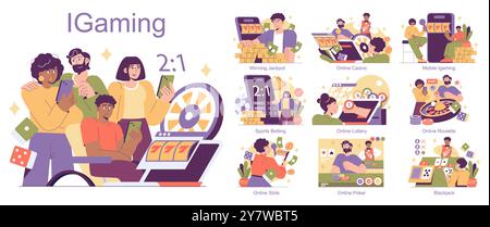 iGaming concept set. A vibrant display of online gambling activities, featuring diverse players engaging in different forms of digital betting games. Vector illustration. Stock Vector