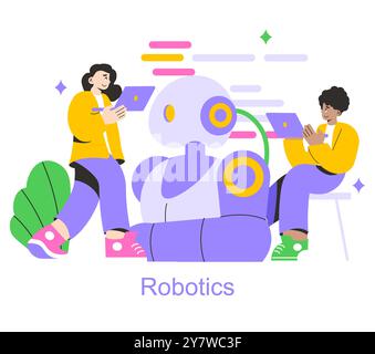 Collaborative Learning concept. Students engage with a robot, exploring technological interaction. Education meets artificial intelligence. Vector illustration. Stock Vector