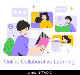 Collaborative Learning concept. Group of students engage in a remote study session using digital devices. Interactive online education through video chat. Vector illustration. Stock Vector