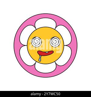 Groovy round sticker with psychedelic flower with spirals of hypnosis in eyes vector illustration Stock Vector